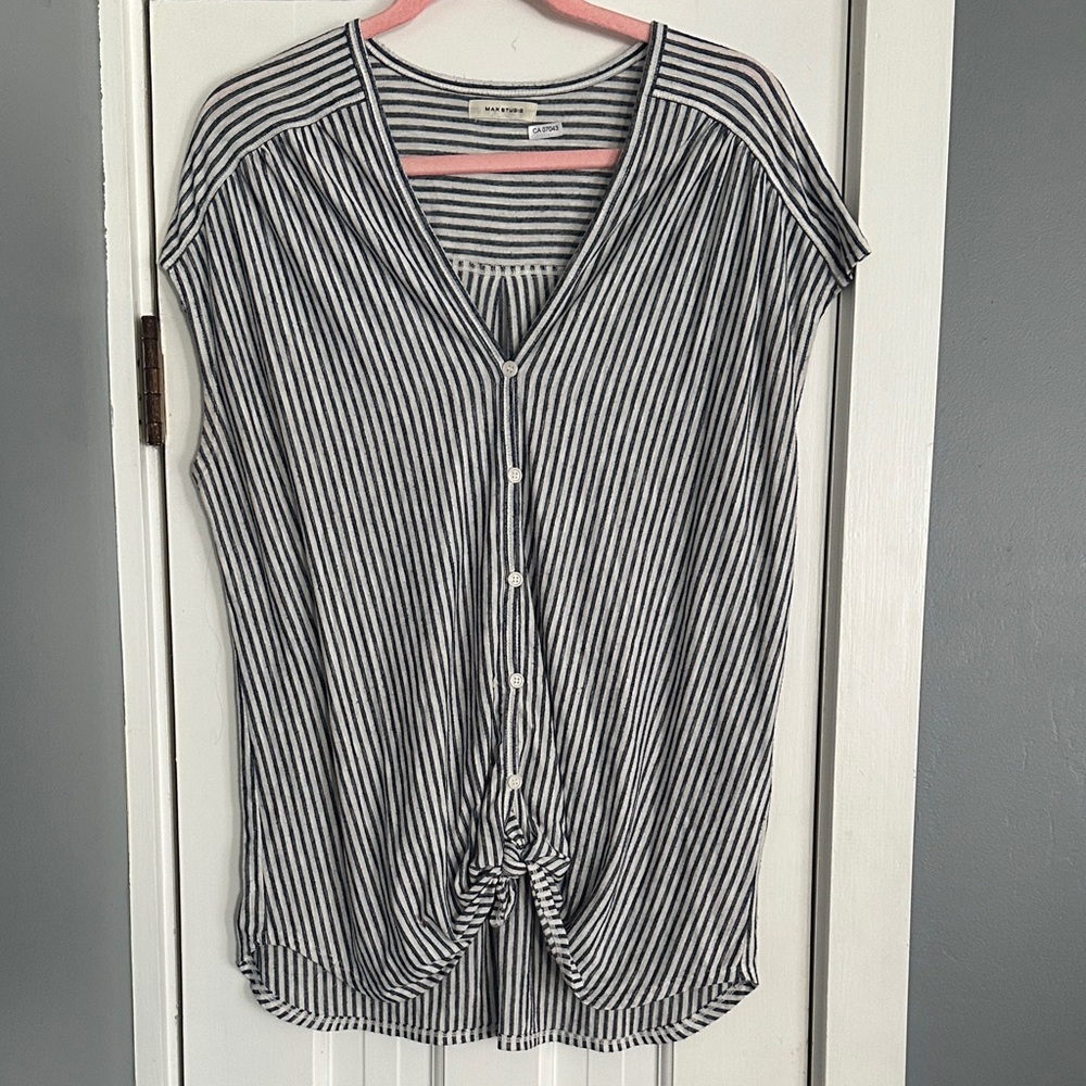 Max Studio Striped Button Down Blouse Short Sleeve Front Tie Knot Top Large